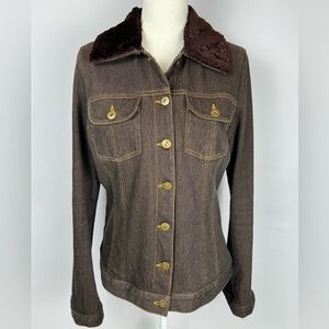 Vintage Brown Denim Jacket Button Up Stretch Faux Fur Collar Large 70s Style